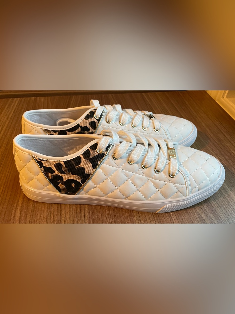 Global Win White Quilted Sneakers with Leopard Print Panels Size 10 BNIB